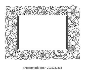 Marco de la tradición oriental. Estilizado con tatuajes de henna patrón decorativo para la decoración de carátulas para libro, cuaderno, cajón, revista, postal y carpeta. Borde de flores de estilo mehndi.
