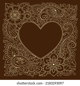 Frame in eastern tradition. Stylized with henna tattoos decorative pattern for decorating covers for book, notebook, casket, magazine, postcard and folder. Flower Heart in mehndi style.