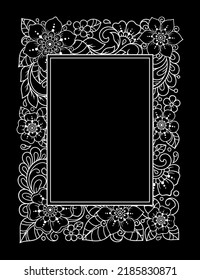 Frame in eastern tradition. Stylized with henna tattoos decorative pattern for decorating covers for book, notebook, casket, magazine, postcard and folder. Flower border in mehndi style.