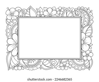 Frame in eastern tradition. Stylized with henna tattoos decorative pattern for decorating covers for book, notebook, casket, magazine, postcard and folder. Flower border in mehndi style.