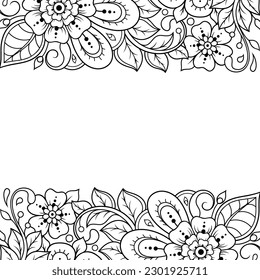 Rahmen in östlicher Tradition. Stilisiert mit Henna-Tattoos dekorative Muster für die Dekoration von Titelseiten für Buch, Notizbuch, Korb, Magazin, Postkarte und Ordner. Blumengrenze im mediterranen Stil.