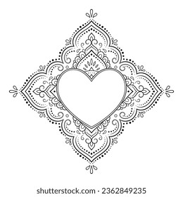 Marco de la tradición oriental. Estilizado con tatuajes de henna patrón decorativo para la decoración de carátulas para libro, cuaderno, cajón, revista, postal y carpeta. Corazón de flores al estilo mehndi.