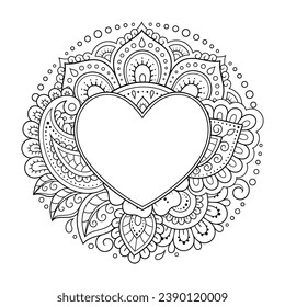 Frame in eastern tradition. Stylized with henna tattoos decorative pattern for decorating covers for book, notebook, casket, magazine, postcard and folder. Flower Heart in mehndi style.