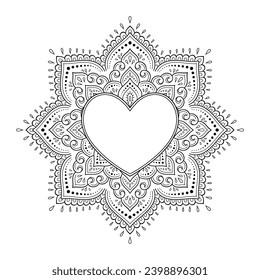 Frame in eastern tradition. Stylized with henna tattoos decorative pattern for decorating covers for book, notebook, casket, magazine, postcard and folder. Flower Heart in mehndi style.