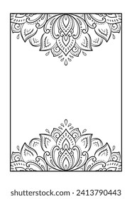 Frame in eastern tradition. Stylized with henna tattoos decorative pattern for decorating covers for book, notebook, casket, magazine, postcard and folder. Flower border in mehndi style.