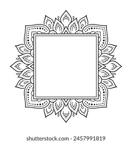 Marco en la tradición oriental. Estilizado con tatuajes de henna patrón decorativo para decorar cubiertas para libro, cuaderno, ataúd, revista, postal y carpeta. Borde de flores en estilo mendi.