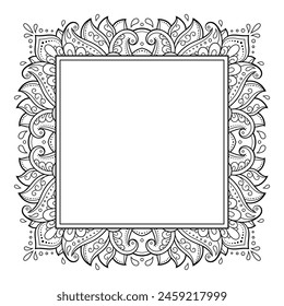 Frame in eastern tradition. Stylized with henna tattoos decorative pattern for decorating covers for book, notebook, casket, magazine, postcard and folder. Flower border in mehndi style.