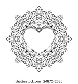 Rahmen in östlicher Tradition. Stilisiert mit Henna-Tattoos dekorative Muster für die Dekoration von Umschlägen für Buch, Notizbuch, Schatulle, Magazin, Postkarte und Ordner. Blumenherz im Mehndi-Stil.