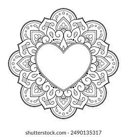 Frame in eastern tradition. Stylized with henna tattoos decorative pattern for decorating covers for book, notebook, casket, magazine, postcard and folder. Flower Heart in mehndi style.