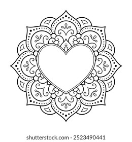 Marco en la tradición oriental. Estilizado con el patrón decorativo de los tatuajes de la henna para decorar las cubiertas para el libro, el cuaderno, el ataúd, la revista, la postal y la carpeta. Corazón de flores en estilo mehndi.