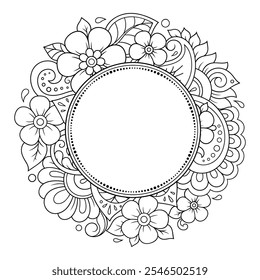 Marco en la tradición oriental. Estilizado con el patrón decorativo de los tatuajes de la henna para decorar las cubiertas para el libro, el cuaderno, el ataúd, la revista, la postal y la carpeta. Borde de flores en estilo mehndi.