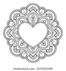 Frame in eastern tradition. Stylized with henna tattoos decorative pattern for decorating covers for book, notebook, casket, magazine, postcard and folder. Flower Heart in mehndi style.