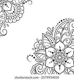 Frame in eastern tradition. Stylized with henna tattoos decorative pattern for decorating covers for book, notebook, casket, magazine, postcard and folder. Flower border in mehndi style.