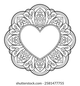 Frame in eastern tradition. Stylized with henna tattoos decorative pattern for decorating covers for book, notebook, casket, magazine, postcard and folder. Flower Heart in mehndi style.