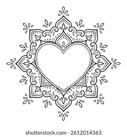 Frame in eastern tradition. Stylized with henna tattoos decorative pattern for decorating covers for book, notebook, casket, magazine, postcard and folder. Flower Heart in mehndi style.