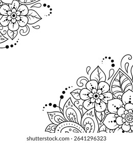 Frame in eastern tradition. Stylized with henna tattoos decorative pattern for decorating covers for book, notebook, casket, magazine, postcard and folder. Flower border in mehndi style.