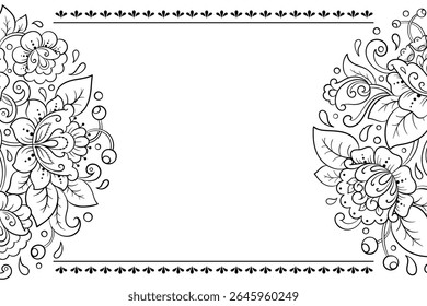 Frame in eastern tradition. Stylized with henna tattoos decorative pattern for decorating covers for book, notebook, casket, magazine, postcard and folder. Flower border in mehndi style.