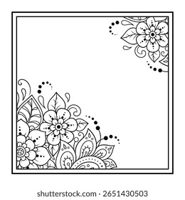 Enquadre-se na tradição oriental. Estilizado com tatuagens de hena padrão decorativo para decorar capas para livro, notebook, caixão, revista, cartão postal e pasta. Borda de flor em estilo mehndi.