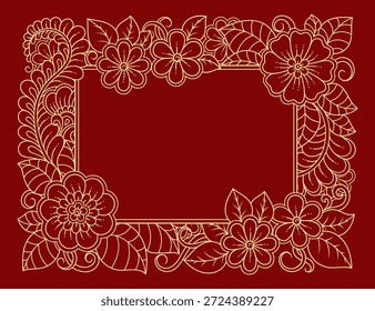 Marco en la tradición oriental. Estilizado con el patrón decorativo de los tatuajes de la henna para decorar las cubiertas para el libro, el cuaderno, el ataúd, la revista, la postal y la carpeta. Borde de flores en estilo mehndi.