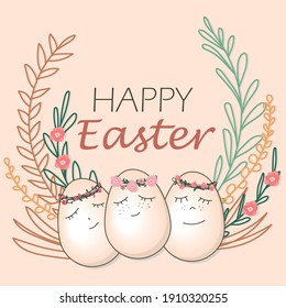 Frame with eggs and plants on the theme of Easter in pastel colors