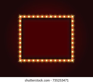 Frame with electric bulbs. Makeup mirror with electric bulbs. Retro marquee frames with light bulbs