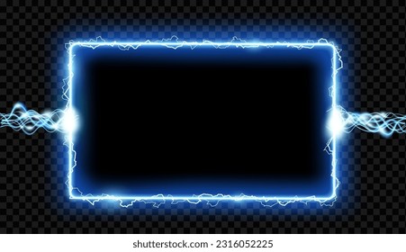 Frame with electric discharges and lightning. Banner template isolated on transparent background. Vector mockup