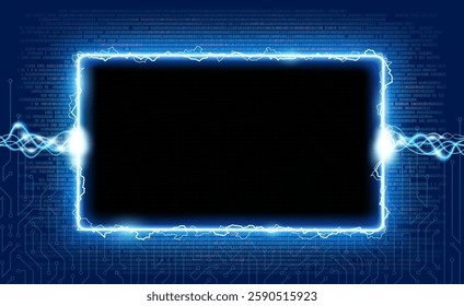 Frame with electric discharges and lightning. Copy space on modern futuristic technology background. Vector mockup