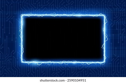 Frame with electric discharges and lightning. On a technological background with circuit. Vector mockup