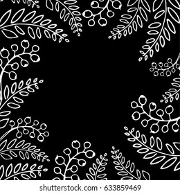 Frame with Element of Forest Plants. White Fern and Berries on Black Background. Vector Illustration. Beautiful Design for Postcard, Banner, Invitation, Business Card, Print for Textile.