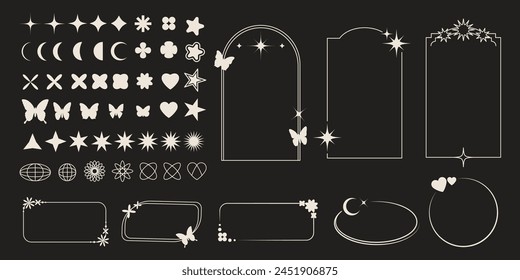 Frame element. Star, flower and butterfly line graphic. Design logo aesthetic modern minimal style isolated elements. Border shape. Oval arch decorative boho abstract y2k cute retro vector Ramadan art