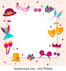 Frame with elements of carnival. Carnival poster, banner with bright party elements - mask, hat, feather, lips, mustache, ice cream, crown, confetti. Place for text