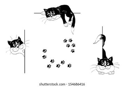 Frame elements decorated with cheerful playful black-and-white kittens and cat's steps on isolated white background