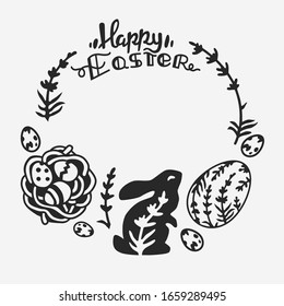 Frame with elements of Easter décor and lettering . Illustrations are designed for stamps, logos. For menu, label.