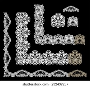 Frame Elements Set - different lace edges and borders - Seamless stripes - floral lace ornament - white on black background