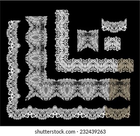 Frame Elements Set - different lace edges and borders - Seamless stripes - floral lace ornament - white on black background