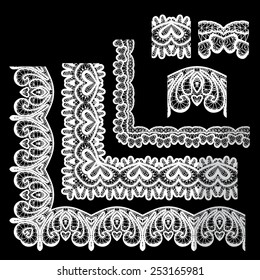 Frame Elements Set - different lace edges and borders - Seamless stripes - floral lace ornament - white on black background