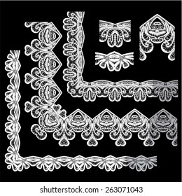 Frame Elements Set - different lace edges and borders - Seamless stripes - floral lace ornament - white on black background