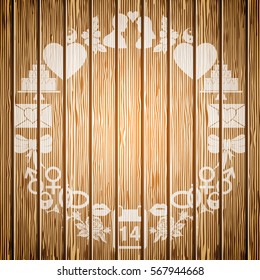 Frame of the elements of Valentines Day on the background textured wood. Vector illustration