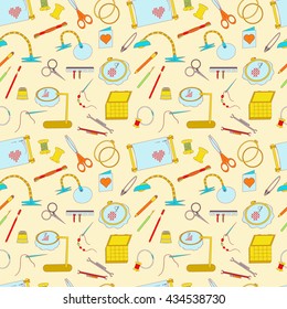 Frame for embroidery, scissors, organizer, spool, a magnifying glass and other accessories. Collected in a vector Seamless pattern for use in design, web site, packaging, textiles, wallpaper.