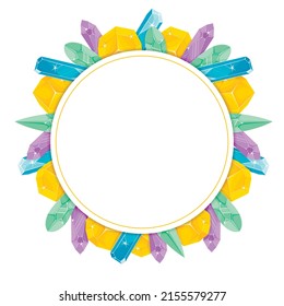 Marco con un círculo vacío dentro y cristales coloridos alrededor. Plantilla, volante para fiestas y eventos, descuentos
