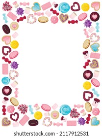 Frame with an empty circle inside made of sweets, gingerbread, marshmallows, heart-shaped lollipops with sprinkles and icing