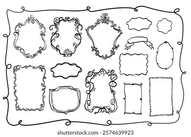 Аntique frame engraving scroll ornament acanthus foliage, swirl decorative design element. Hand drawn vector isolated set.