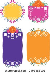 Rahmen oder Umschlag aus bunten Papel Picado mit Cempasuchil Blumen für den Tag der Toten in Mexiko