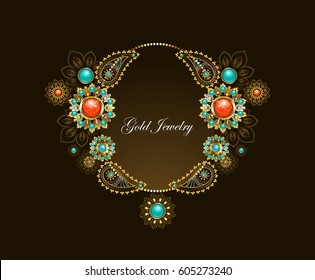 Frame with ethnic gold jewelery inlaid with turquoise and red jasper on dark background.