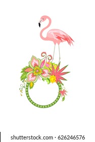 Frame with exotic flowers and pink flamingo