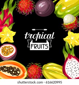 Frame with exotic tropical fruits. Illustration of asian plants.