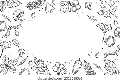 Hojas de armazón y bayas. Plantilla de banner horizontal. Dibujar líneas, garabato. Hola otoño. Concepto para sitios web y materiales promocionales. Venta, folletos, publicidad. Ilustración del vector
