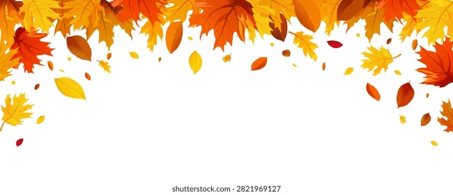 Frame of falling autumn leaves on a transparent background. Banner made of bright yellow, orange, and red leaves with space for text. Vector illustration for autumn holiday and sale decorations.