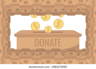 Frame of falling coins money in box charity and donation boxes border with heart says DONATE