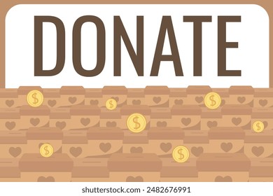 Frame of falling coins money in box charity and donation boxes border with heart says DONATE